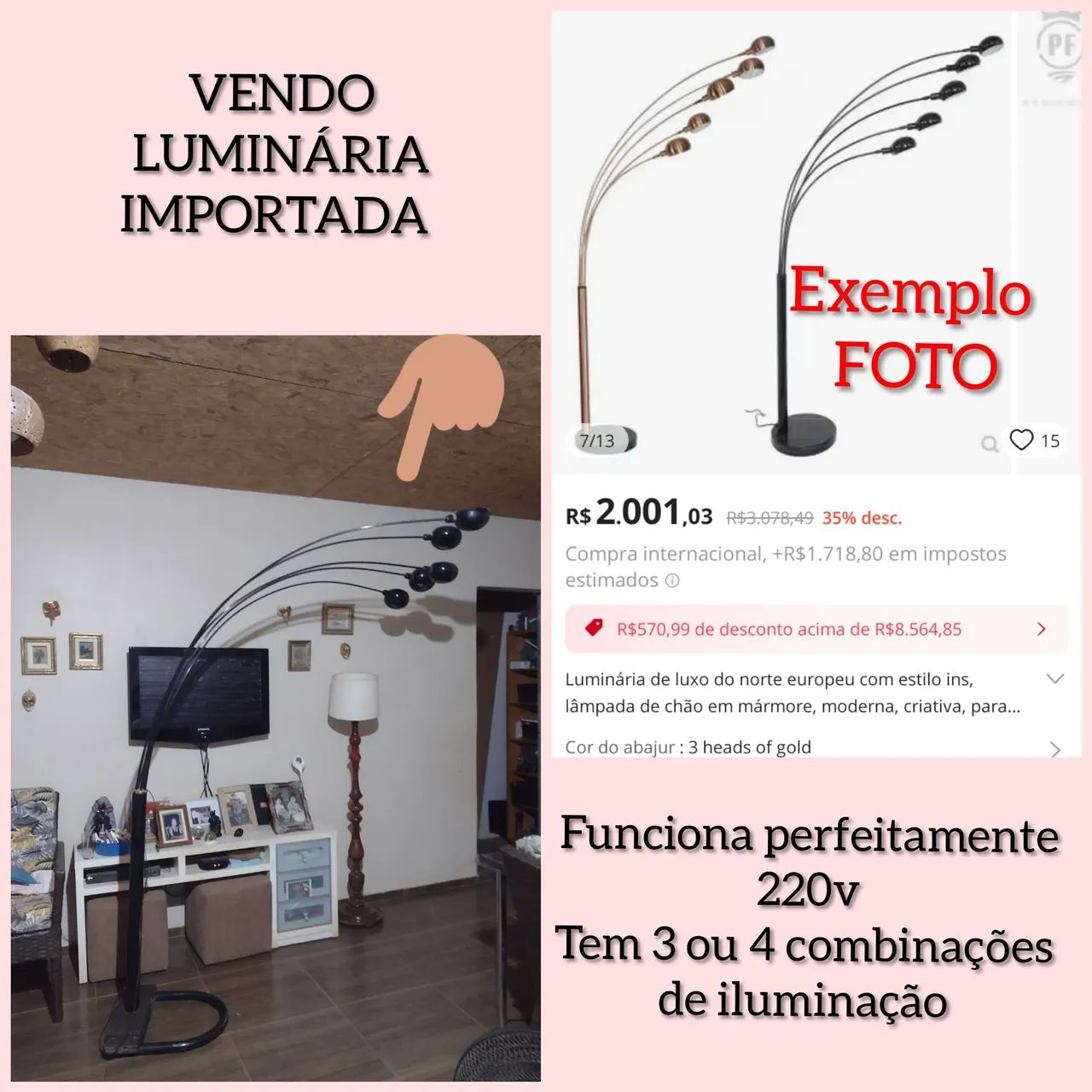 Luminária de luxo importada com 3 ou 4 combinações de iluminação!