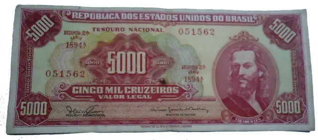 Nota Cédula 5.000 Cinco Mil Cruzeiros 1963 Vermelha + R$ 15 Envio por Registrado