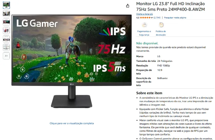 Monitor LG 23.8" Full HD + Suporte Ergonômico Elg