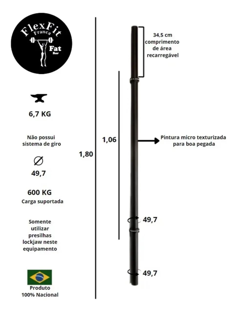 Barra Fat Bar 1,80m + Presilhas - Foto 4