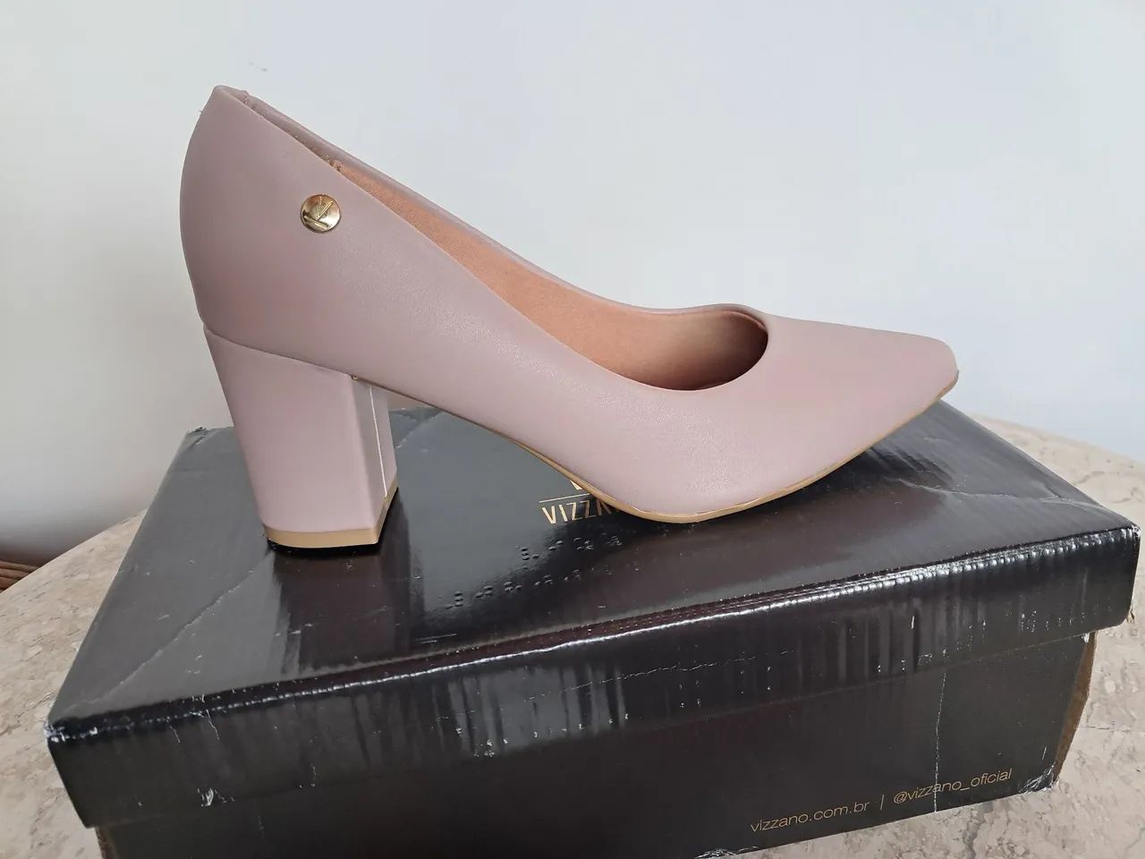 Scarpin Vizzano nude taupe Rosa Claro - Salto Bloco  bico fino