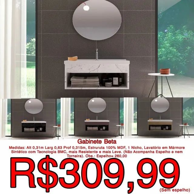 Gabinete de Banheiro Beta com Lavatório 100% MDF