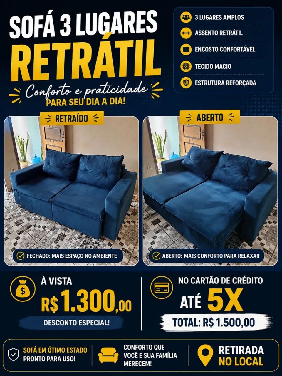 Sofá 3 lugares retrátil 