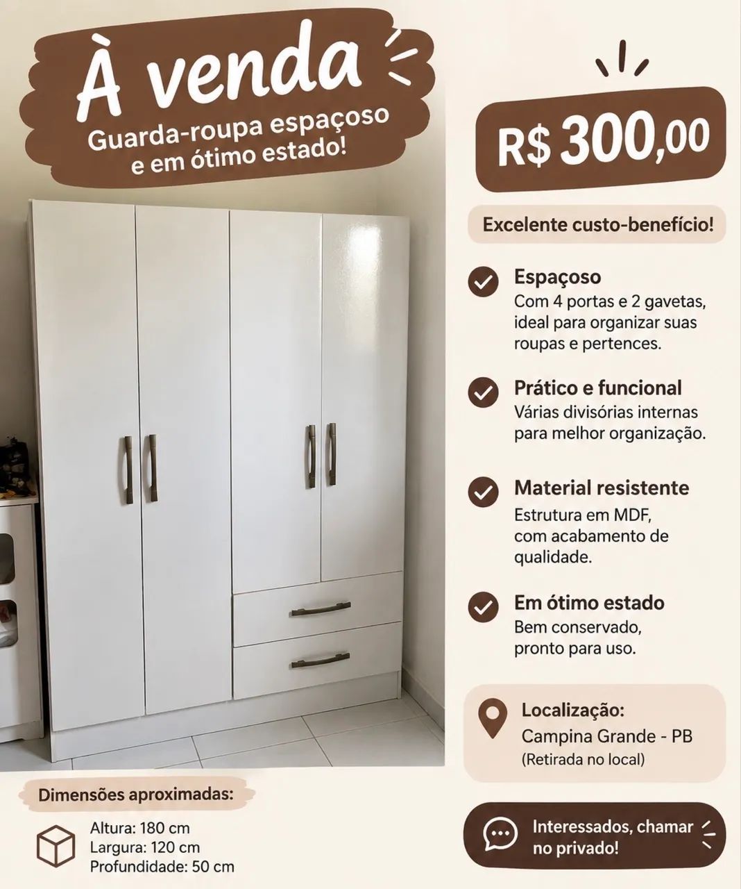 Guarda-Roupa Branco 4 Portas e 2 Gavetas - R$ 300