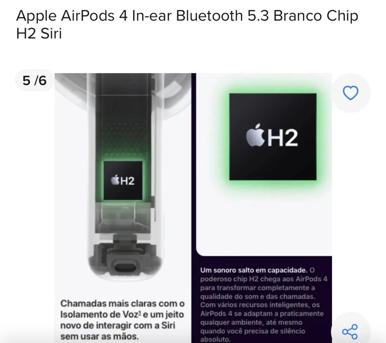 Apple AirPods 4 In-ear Bluetooth 5.3 Branco Chip H2 Siri