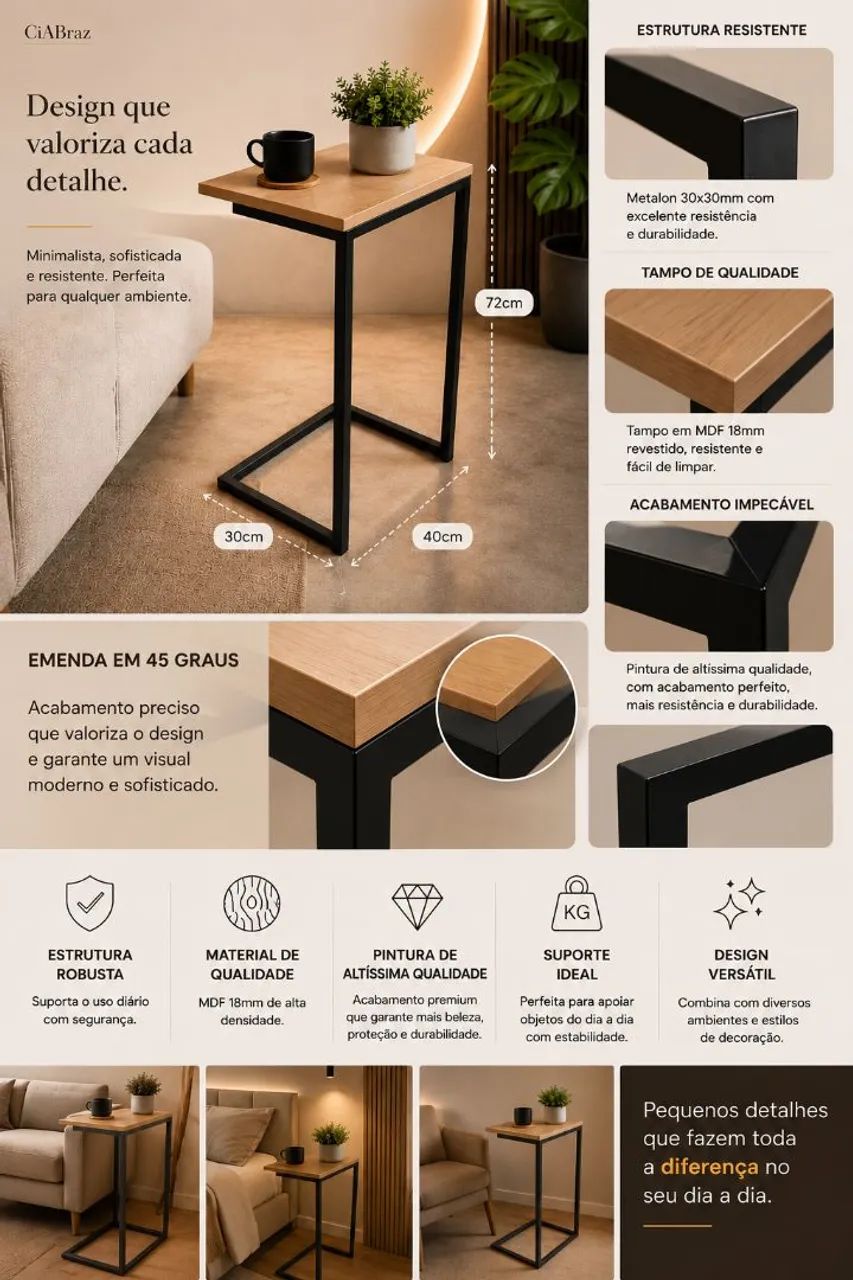 Mesa Lateral Estilo Industrial - Foto 3