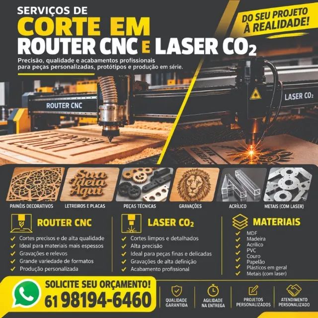 Cortes em router CNC e laser CO2