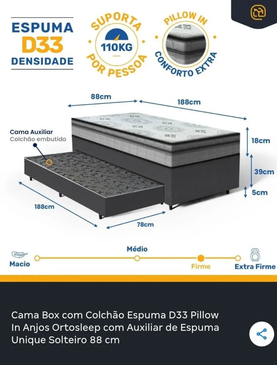 Cama box colchão espuma D33 com colchão auxiliar