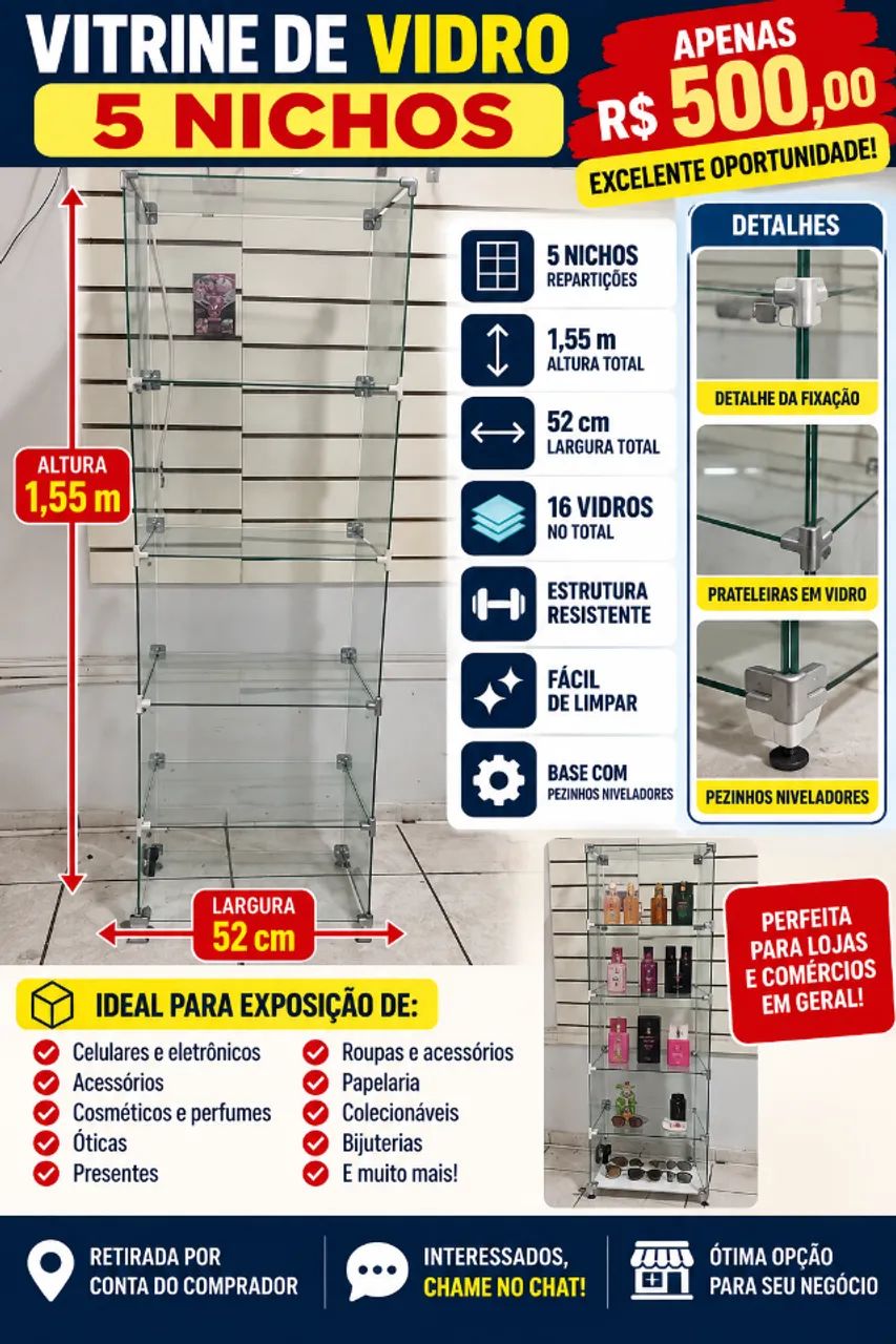 Vitrine de Vidro com 5 Nichos - 