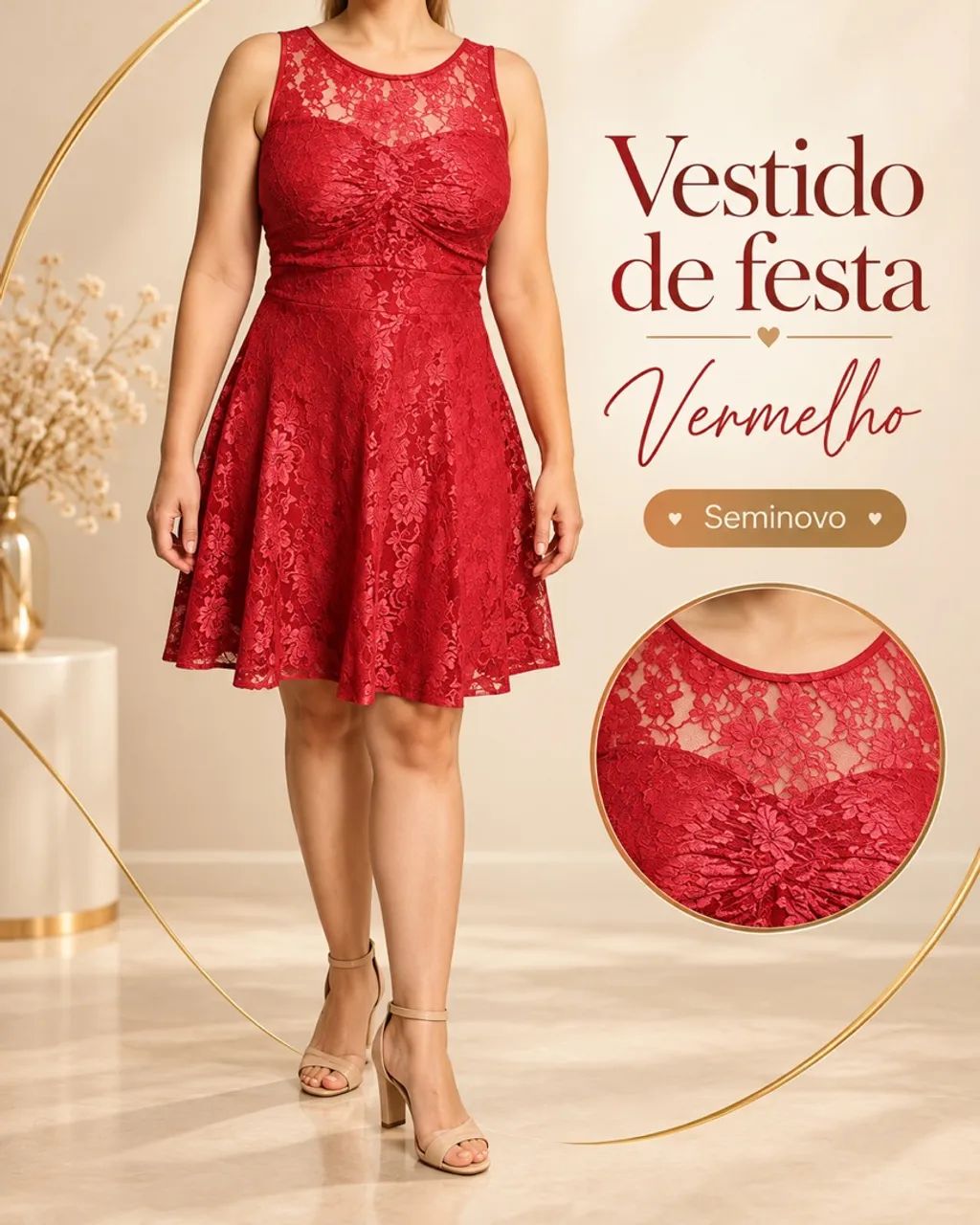 Vestido Mid Vermelho de Renda