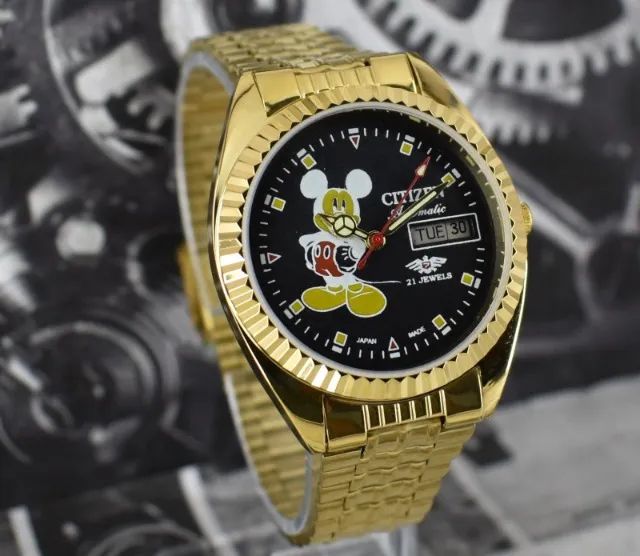 Citizen Automático Mickey Mouse Banhado A Ouro Dia Data 21 Joias Masculino - Foto 3