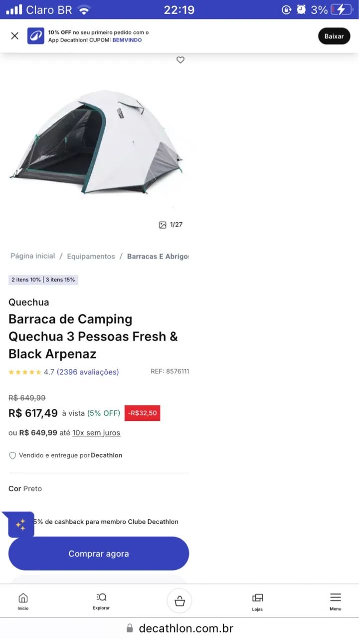 Barraca de Camping Quechua 3 Pessoas Fresh & Black