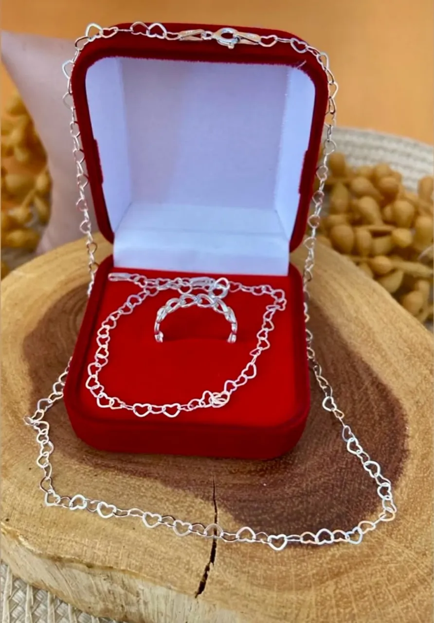 Conjunto Colar, Pulseira e Anel Coração Prata 925