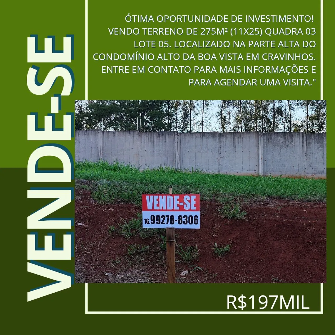 Terreno 275m² em Condomínio Alto da Boa Vista - Cravinhos