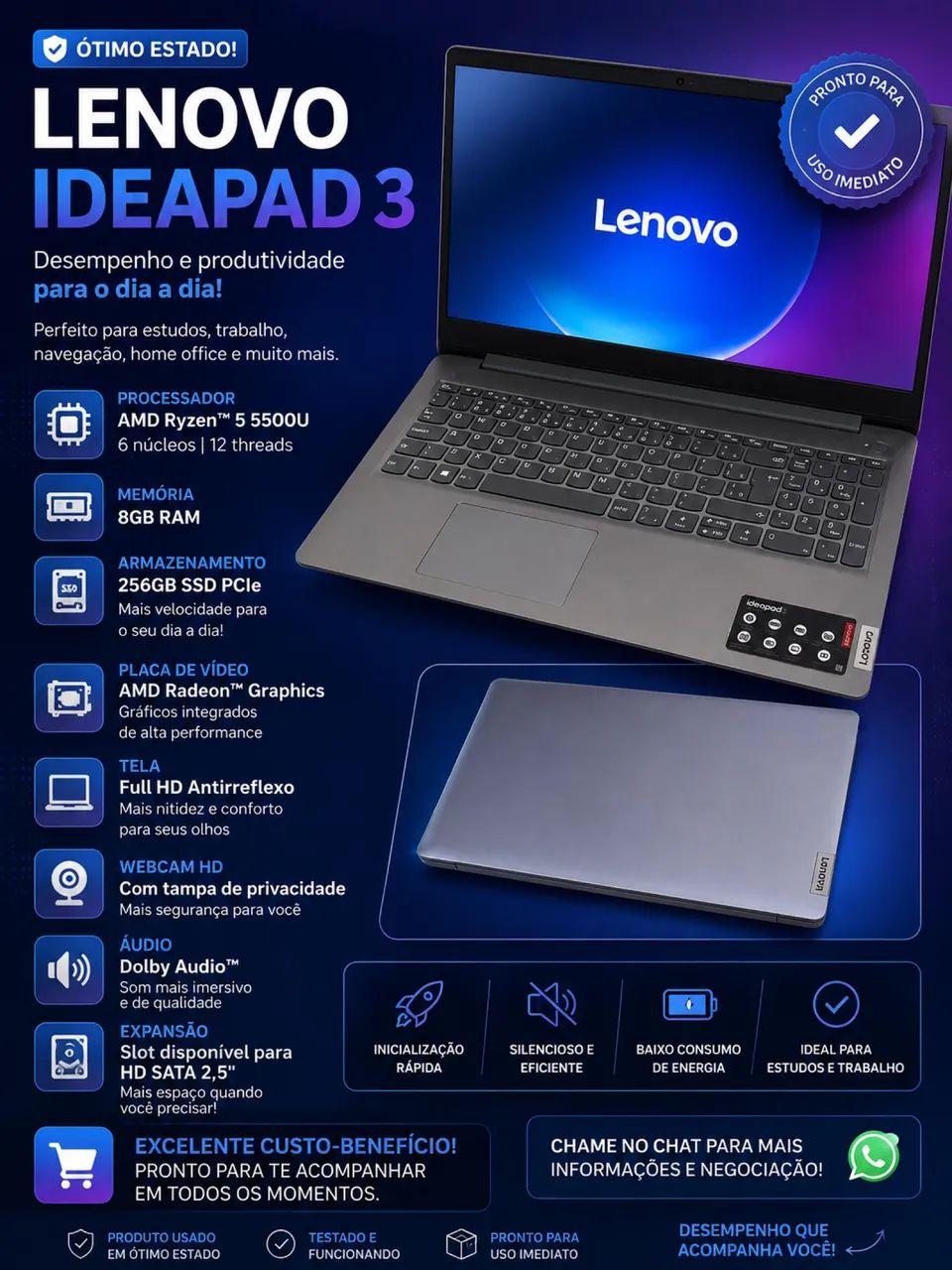 Notebook Lenovo IdeaPad 3 Ryzen 5 - Excelente Custo-Benefício