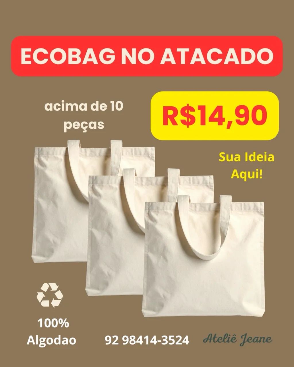 Ecobag/Totebag 100% Algodão 