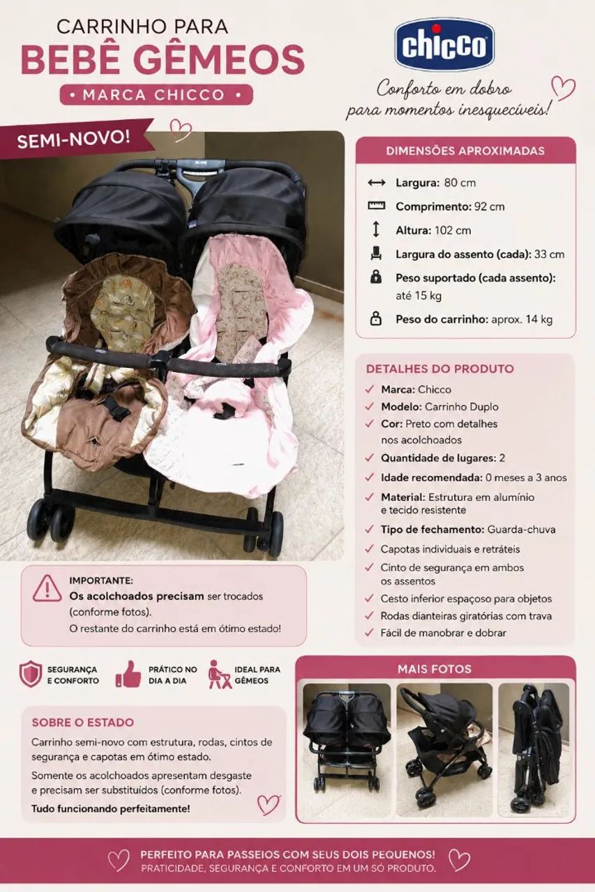 Carrinho Duplo Chicco para Bebê Gêmeos - Seminovo - Foto 3