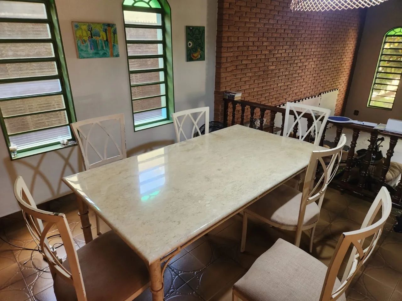 Mesa ferro e mármore 6 lugares com cadeiras - Foto 2