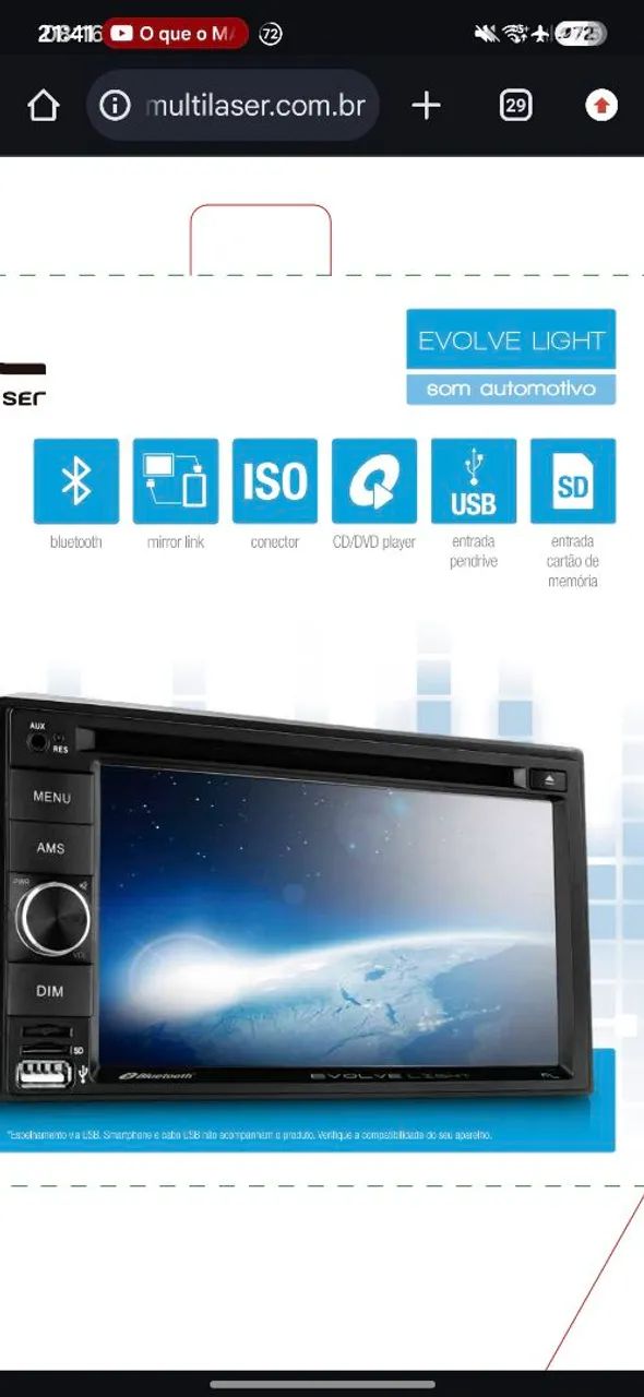 Multimídia automotiva 2din Evolve light Multilaser dvd Bluetooth 