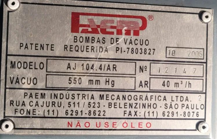 Bomba de vacuo Marca Paem 40 m³ - Foto 3