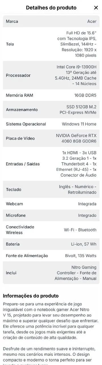 Notebook Acer Nitro V 15 Intel Core i9 5.4GHz / Memória 16GB / SSD 512GB  RTX 4060 8GB - Foto 5