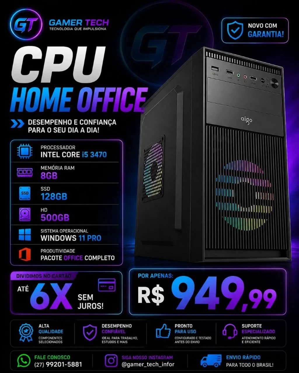 CPU HOME OFFICE CORE I5 NOVO COM GARANTIA