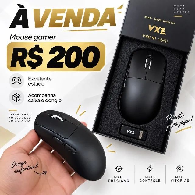VXE R1 Pro Mouse Gamer Wireless Preto + Caixa e Dongle