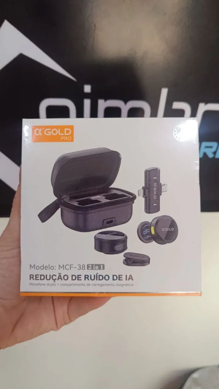 Microfone  Para Celular Lapela A'gold Mcf-38 Sem Fio Duplo 2 Em 1 Tipo C Lightning + Case