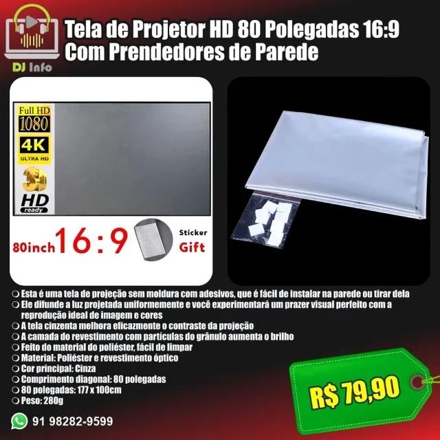 Tela de Projetor HD 80 Polegadas 16:9 Com Prendedores de Parede ...