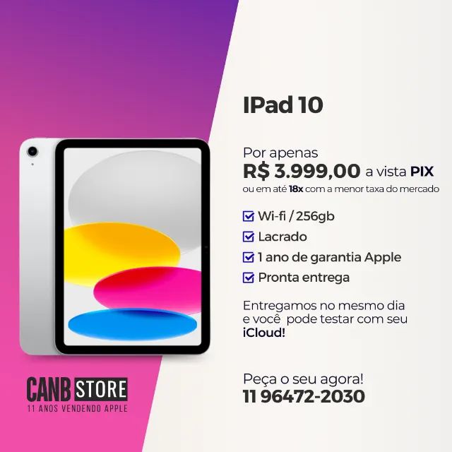 Ipad 10 256gb Wifi Original Lacrado Garantia 1 Ano Apple Entregamos em mãos Ac. Cartões 