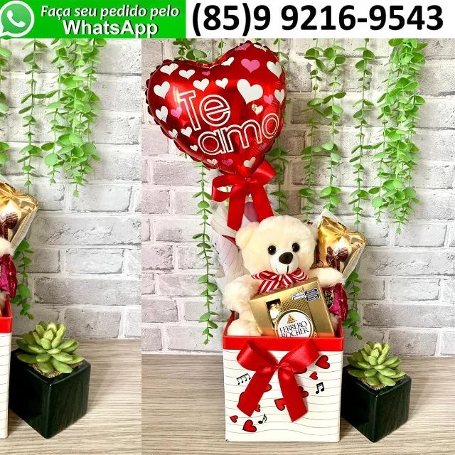 Kit Dia dos Namorados Urso Pelúcia Chocolate Ferrero Balão Metalizado Caixa Melodia do Amo