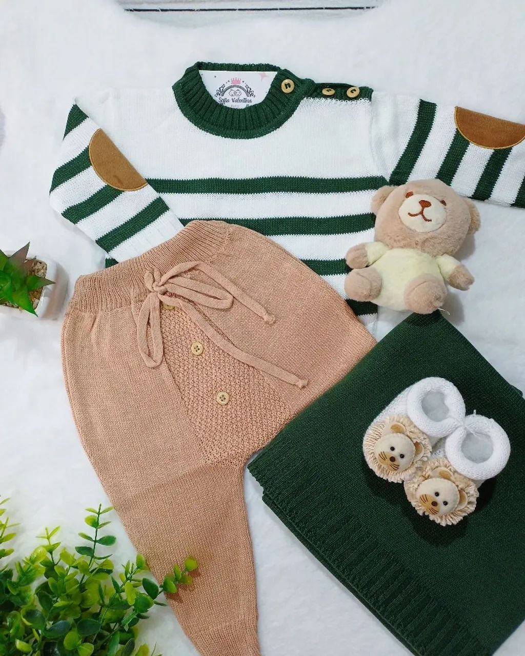 Saida de Maternidade tricot manta Casaco calca verde bebe baby menino príncipe