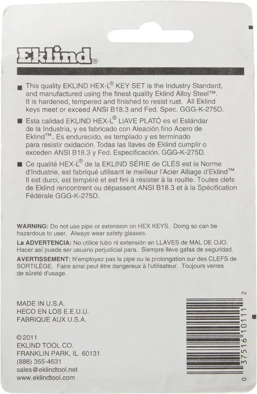 Kit de chave Allen EKLIND 10111 Hex-L, tamanhos SAE em polegadas, 7 peças - Foto 3