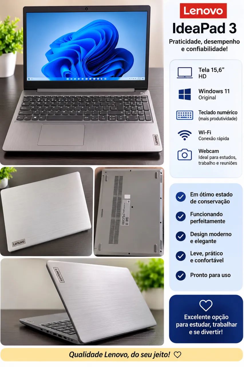 Notebook Lenovo IdeaPad 3 15IGL05 Intel Celeron 4GB RAM SSD 128GB Windows 11
