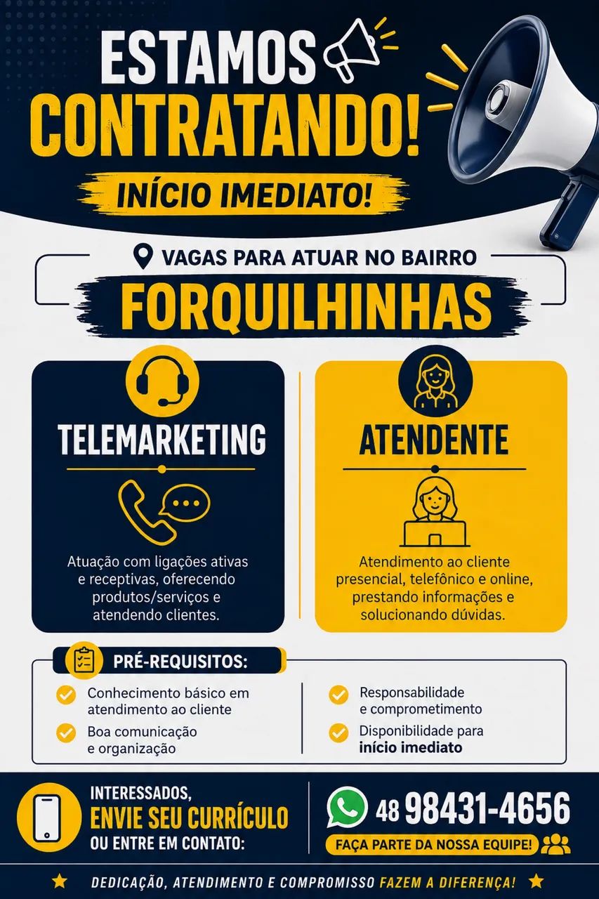 Vagas para atendente e telemarketing com início imediato 