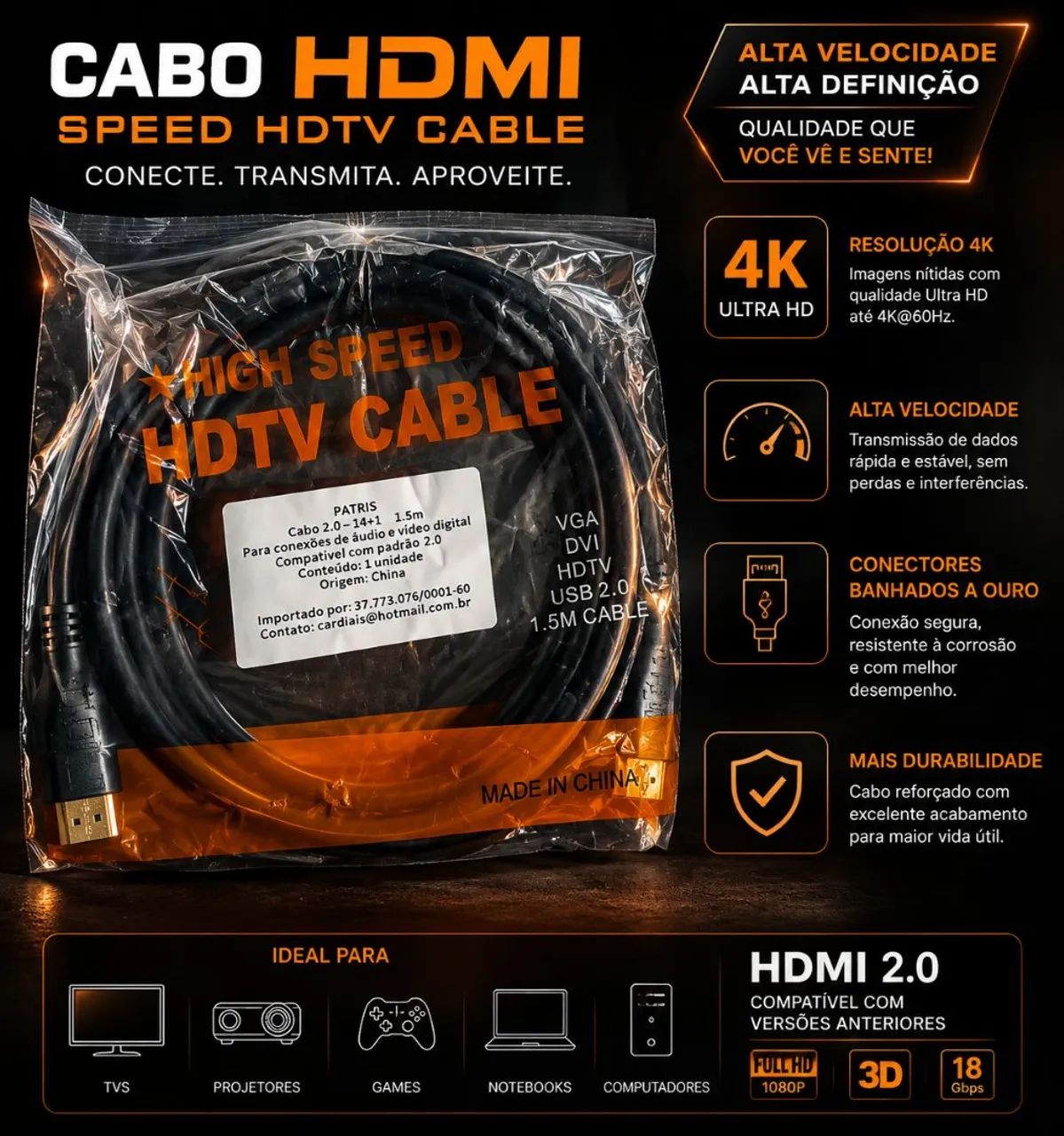 Cabo Hdmi Full Hd 4k Tv