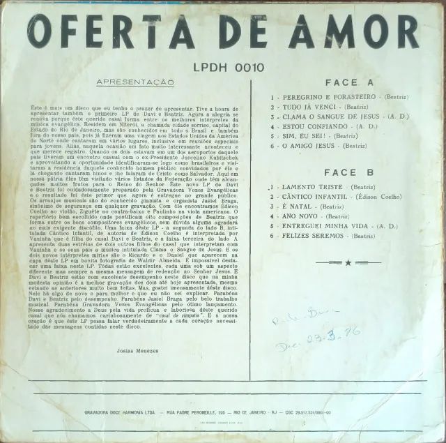 Lp Disco de Vinil Gospel Evangélico Davi E Beatriz - Oferta De Amor - Foto 2