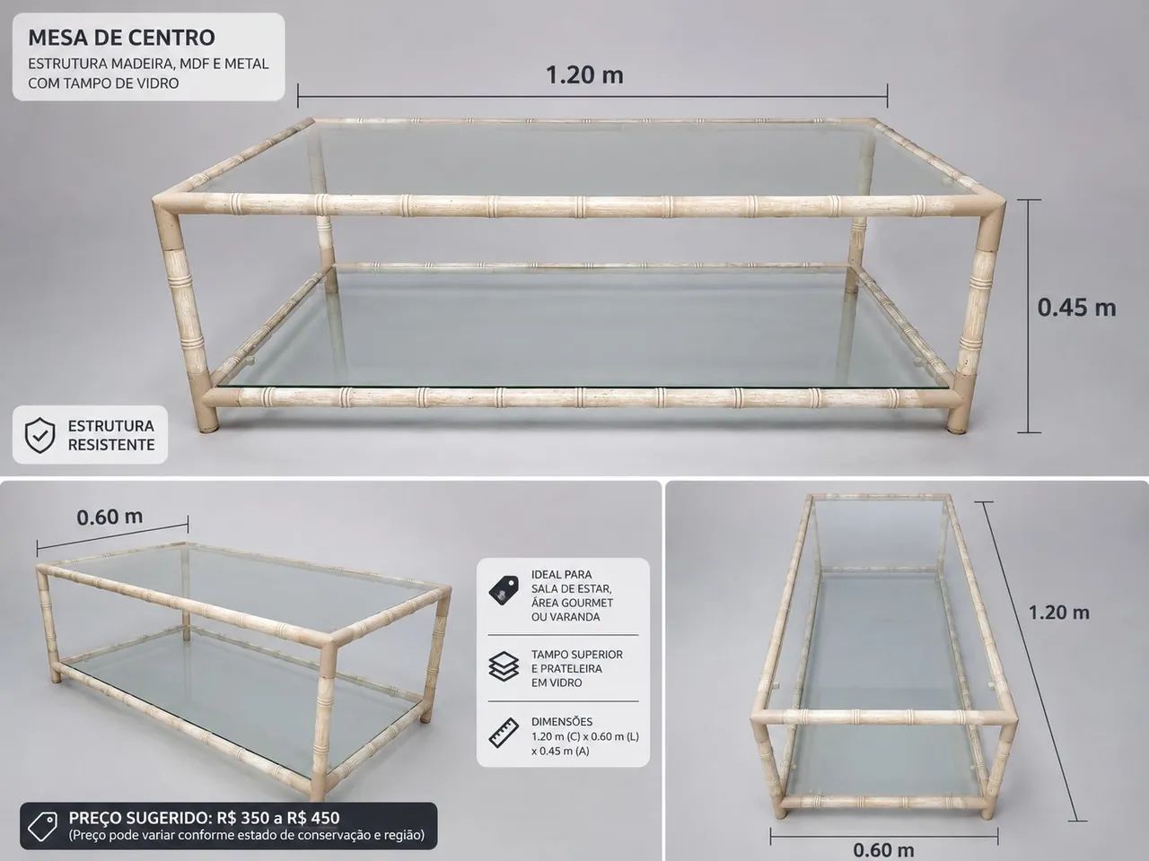 Mesa centro estilo bambu com tampo e prateleira de vidro  - Foto 3