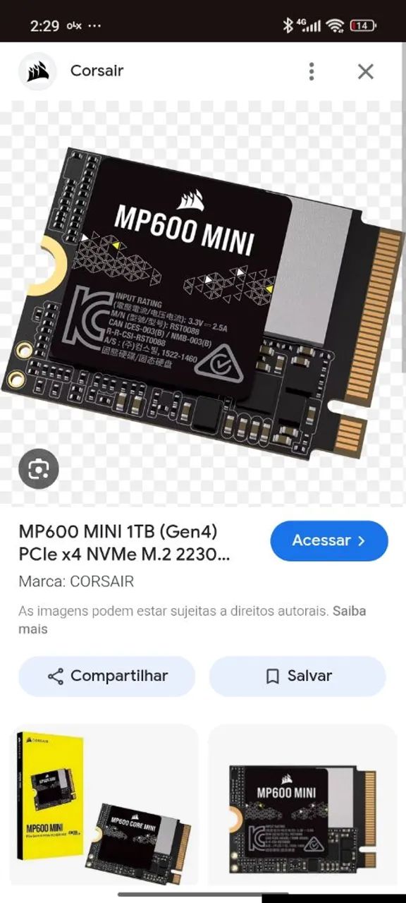 Ssd Nvme 2230 corsair MP600 core mini 1TB gen4 PCIE (similar NV3) 6200/7000 semi novo