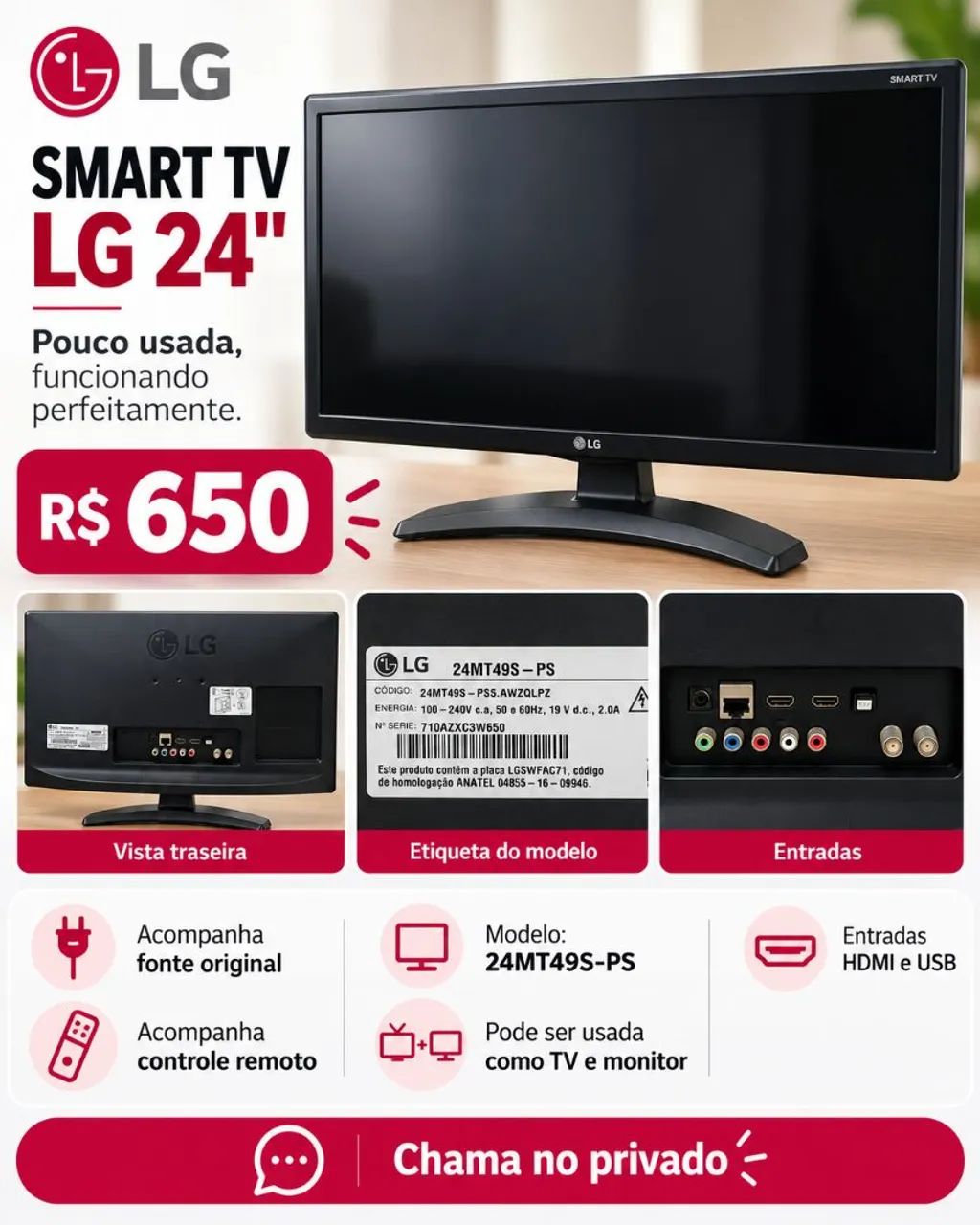 Smart TV LG 24 Polegadas - Pouco Usada + Controle e Fonte Original