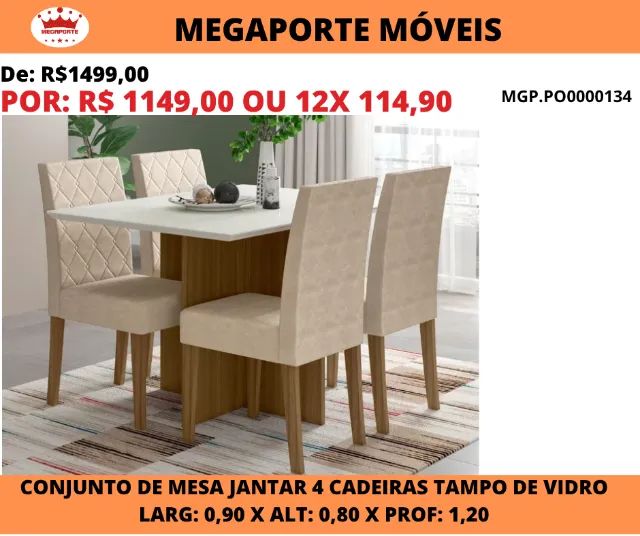Conjunto Mesa de Jantar 0,90x1,20 Tampo de Vidro com 4 Cadeiras