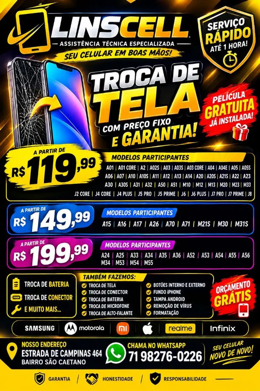 Troca de Tela, Bateria e Conector de Celular | LINSCELL