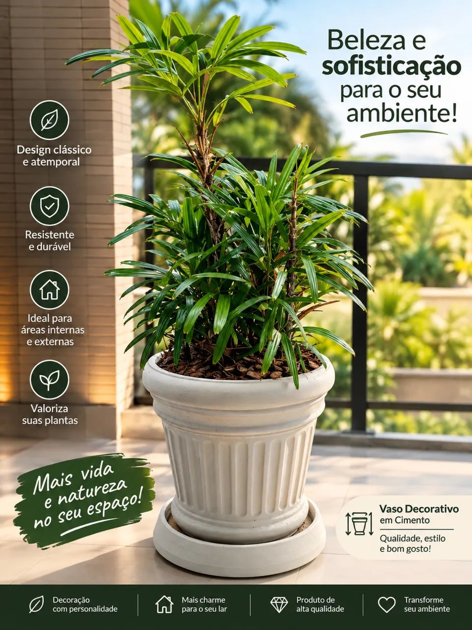 Vaso com prato e planta Rafia