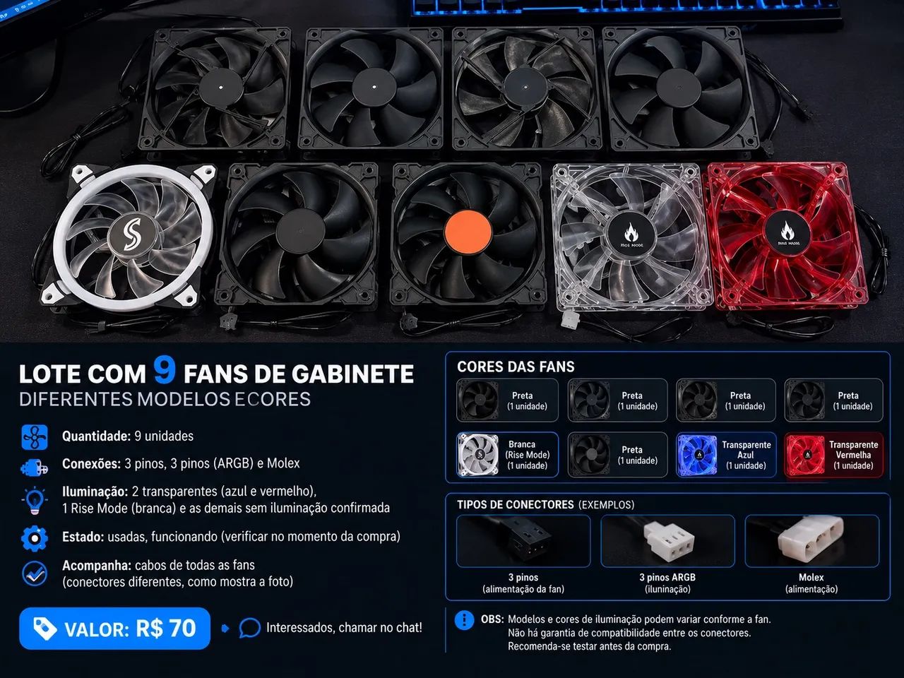 Lote com 9 fans para pc