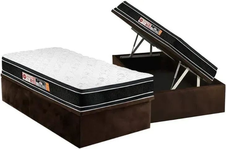 Cama Solteiro Completa Box Suede Marrom + Colchão - Super Oferta