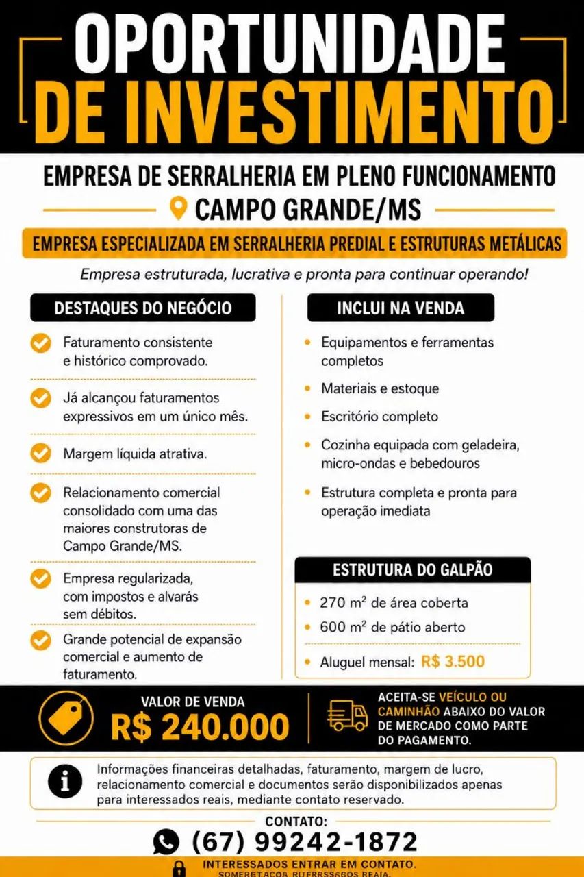 Serralheria completa e em funcionamento à venda - Campo Grande/MS