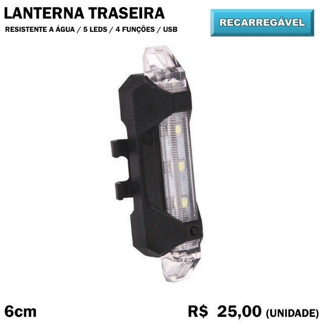 Sinalizador Led Branco USB Recarregável Bike Ciclismo