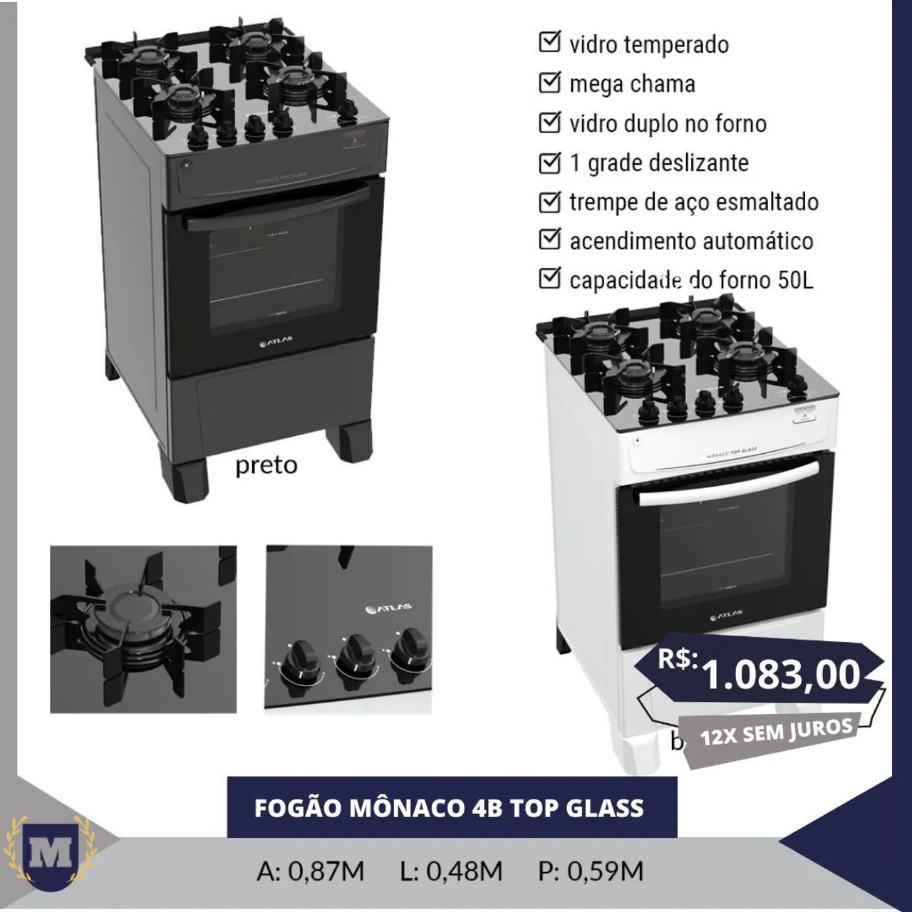 Fogão Atlas Monaco 4B Top Glass - Novo
