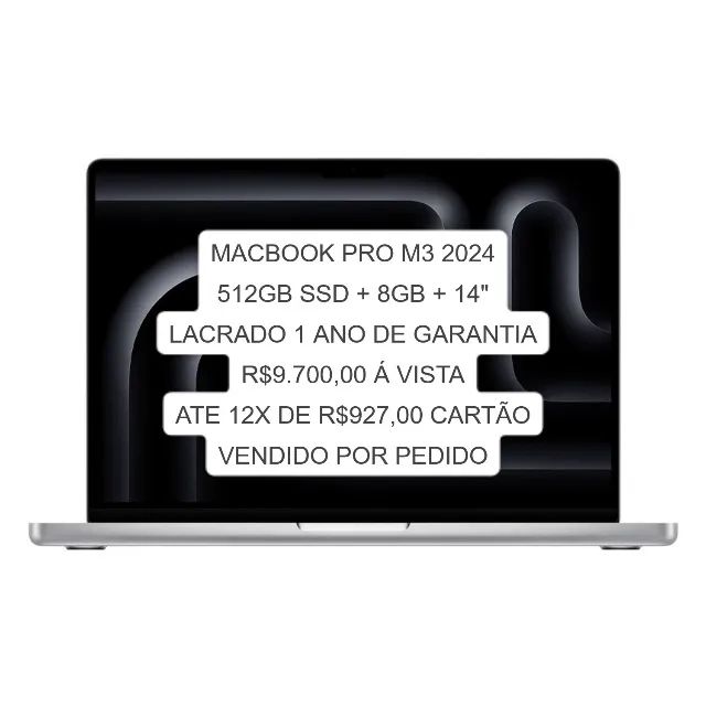 Apple macbook pro 2024 14,2" + 8gb + 512gb lacrado 1 ano 12x 927,00 cartao
