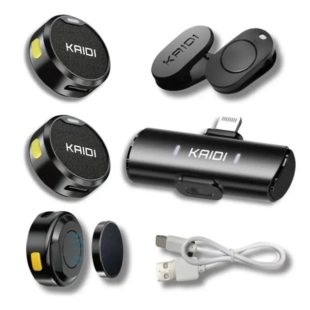 Microfone Lapela Redondo Com Imã Sem Fio Duplo Anti Ruído p/ Android e iPhone Kaidi